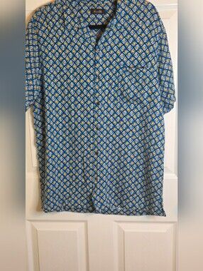 Tasso Elba XL Blue Yellow Geometric ShrtSl SILK Blend Pocket ButtonsUp Men Shirt